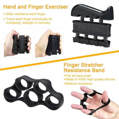 Bộ dụng cụ tập luyện cầm tay 5 mảnh màu đen có thể điều chỉnh Gripper tay ngón tay Stretcher Grip Ring And Stress Ball cho sức mạnh và sự linh hoạt của tay